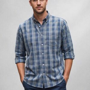 J. Crew Jasper Plaid Button Down Shirt Men L Blue Gray Cotton Long Sleeve